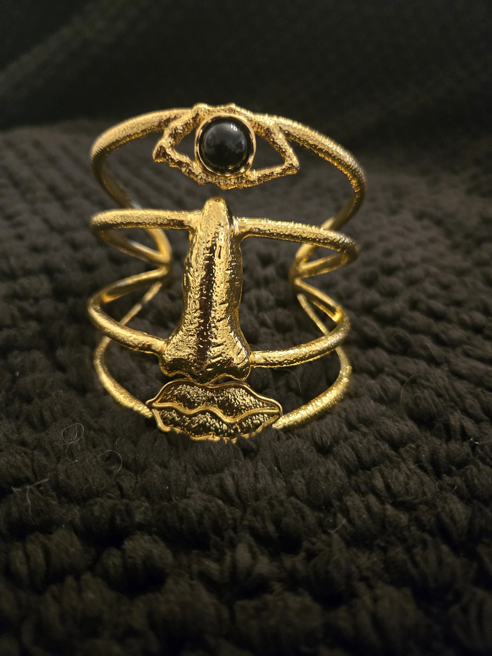 Schiaparelli Inspired Gold Abstract Face Open Cuff Bracelet with Black Accent